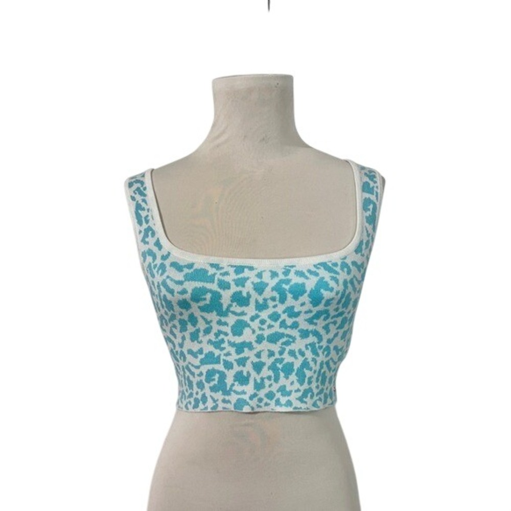 Q2 Women Turquoise White Leopard Print Knit Square Neck Crop Top Size S